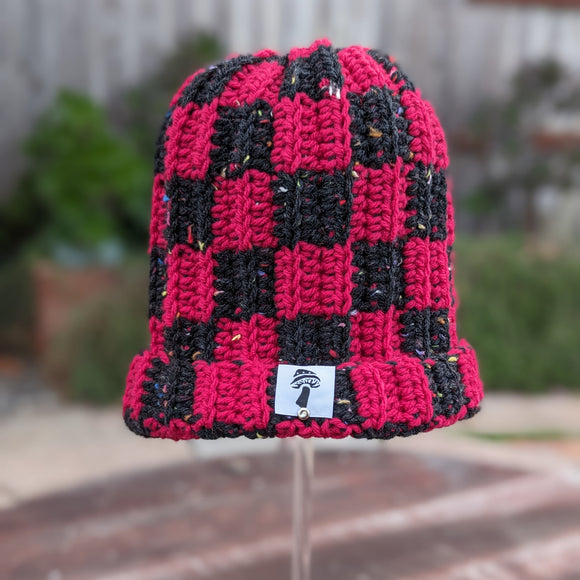 Checkered Fisherman Beanie -Solid Cherry Red & Black Tweed