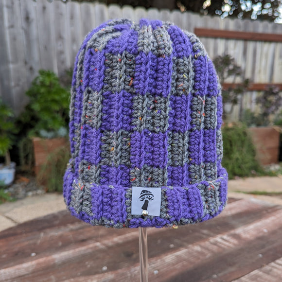 Checkered Fisherman Beanie - Solid Eggplant & Dark Tweed