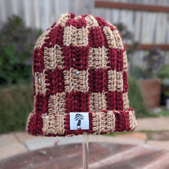 Checkered Fisherman Beanie - Solid Burgandy & Taupe Tweed