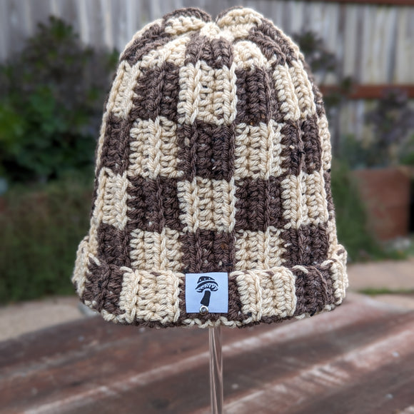 Checkered Fisherman Beanie - Solid Heather & Walnut Tweed