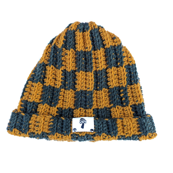 Checkered Fisherman Beanie - Gold & Olive