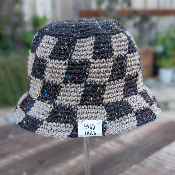 Checkered Bucket Hat - Black Tweed & Taupe