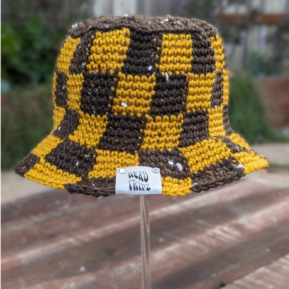 Checkered Bucket Hat - Chocolate Tweed & Gold