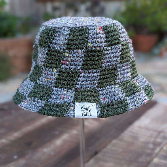 Checkered Bucket Hat - Dark Gray Tweed & Deep Forest Green