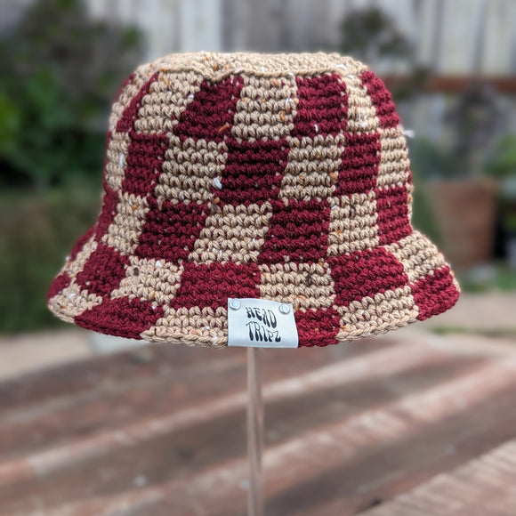 Checkered Bucket Hat -Taupe Tweed & Burgandy