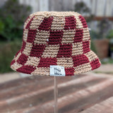 Checkered Bucket Hat -Taupe Tweed & Burgandy