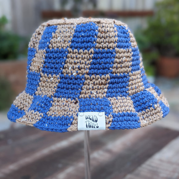 Checkered Bucket Hat - Taupe Tweed & Lapis
