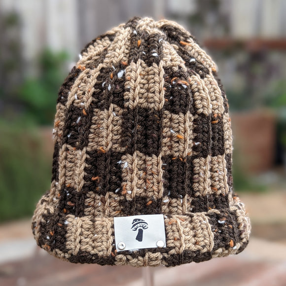 Checkered Double Tweed Fisherman Beanie - Chocolate & Taupe