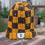 Checkered Double Tweed Fisherman Beanie - Gold & Chocolate