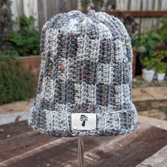 Checkered Double Tweed Fisherman Beanie - Light Gray & Dark Gray