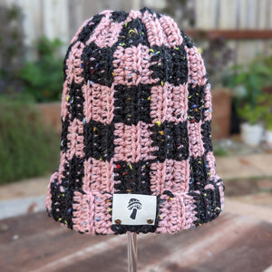 Checkered Double Tweed Fisherman Beanie - Pink & Black