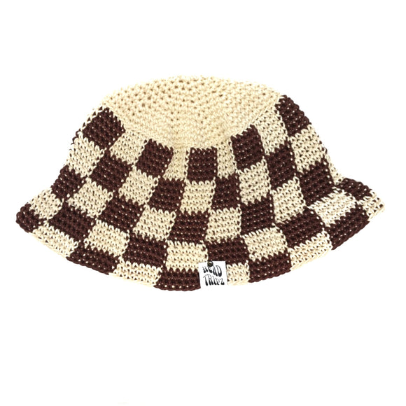 Ecru and Chocolate Brown Checkered Bucket Hat