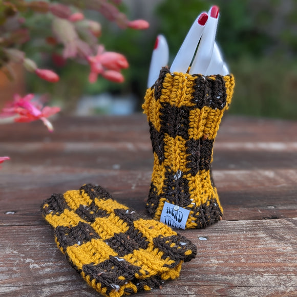 Hand Warmers - Checkered Chocolate Tweed & Gold