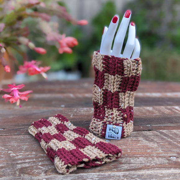 Hand Warmers - Checkered Taupe Tweed & Burgandy